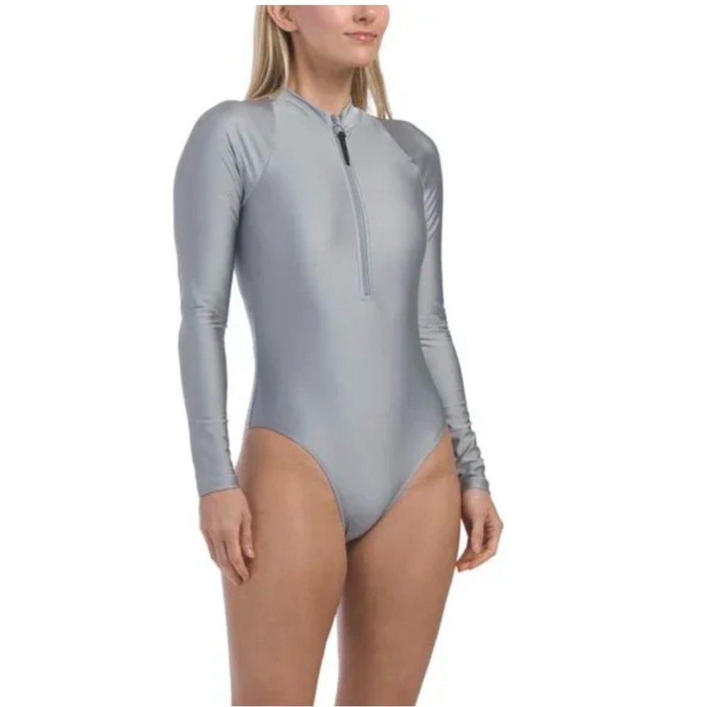Perfect Moment Metallic Silver Half Zip One Piece Swimsuit